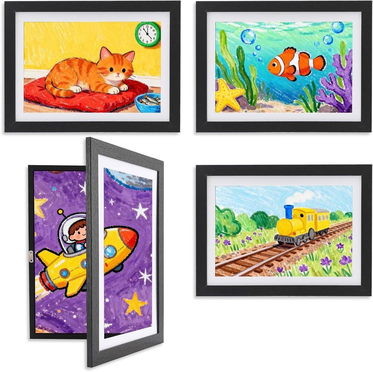 Zwarte fotolijst voor kindertekeningen met acrylglas, A4-formaat