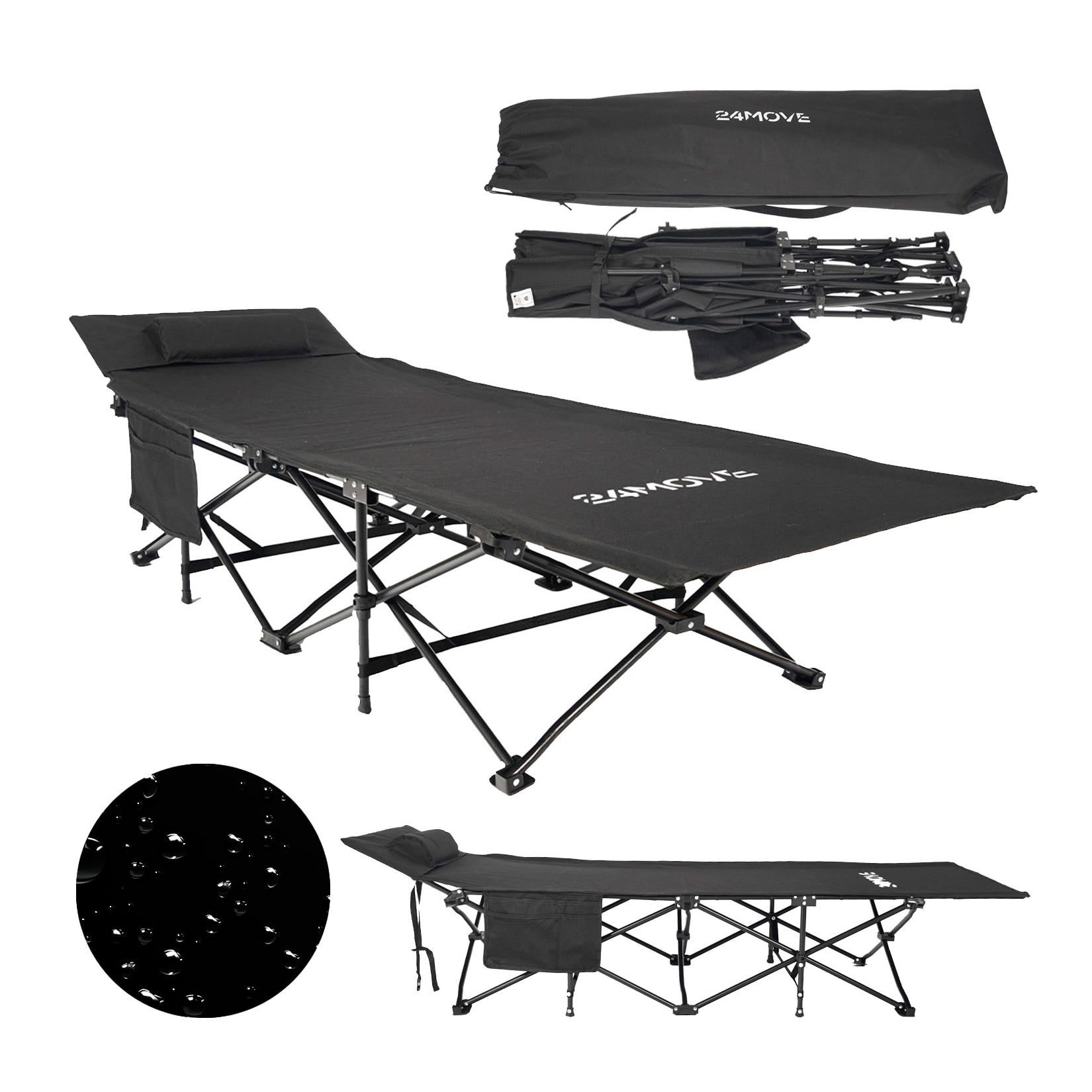 24MOVE® Feldbett Campingbett bis 150 kg In-und Outdoor Camping faltbar mit Seitentasche und Kissen