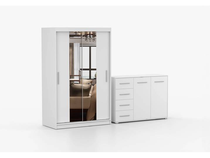 Schwebetürenschrank und Kommode 2er-Set NEOMI 01/FRIDA 01 Weiß Weiß + Spiegel