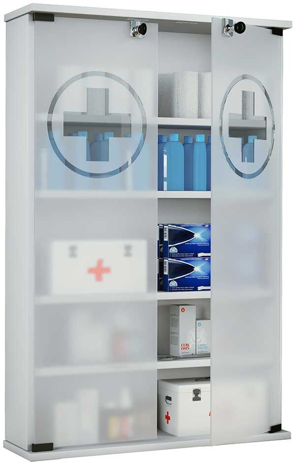 Pharao24.de Abschließbarer Medizinschrank in Weiß Sicherheitsglas Türen