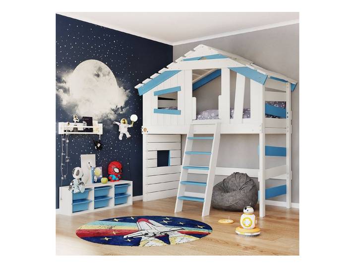 bibex Hochbett ALPIN CHALET Hochbett, Kinderbett, Doppelbett, Hausbett - Blau/Weiss