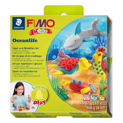 STAEDTLER FIMO kids 8034, ofenhärtende Modelliermasse, Set Oceanlife mit 4 Blöcken 42 g, Modellierstab