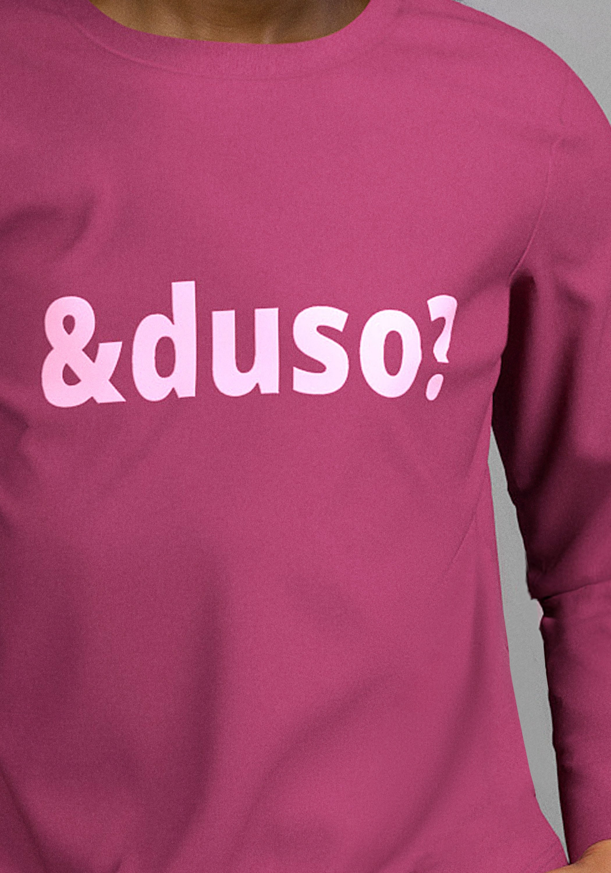 Langarmshirt KIDSWORLD "Spruch: &duso?", Mädchen, Gr. 164/170, rot (bordeaux), Single Jersey, Obermaterial: 100% Baumwolle, bedruckt, Basic hüftlang, Rundhals, Shirts Langarmshirt, Lässiger Sprüche-Print bordeaux 164/170