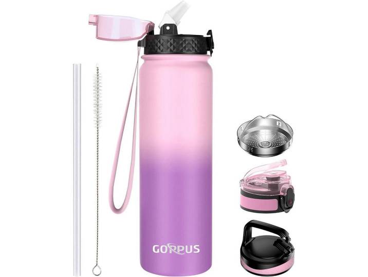 Thermosflasche 1 Liter mit Strohhalm und Trageriemen, Edelstahl, auslaufsicher, BPA-frei, Rosa/Lila, Mehrfarbig, Metall, 8x8 cm, Geschirr, Kannen & Karaffen, Trinkflaschen