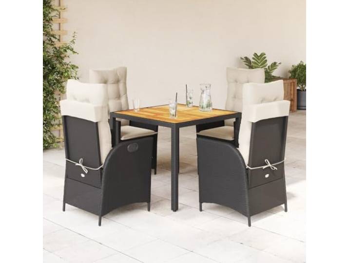 HEFZGDB 5-TLG. Garten-Essgruppe mit Kissen Schwarz Poly Rattan, Outdoor Esstischgruppe mit verstellbaren Sesseln und Akazienholz Tischplatte, wetterbeständige PE Rattan Möbel