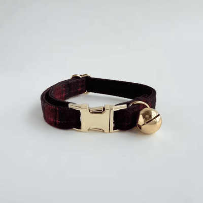 Inspire Curations Personalized Tweed Check Cat Collar With Pearl Charm & Detachable Bell red s