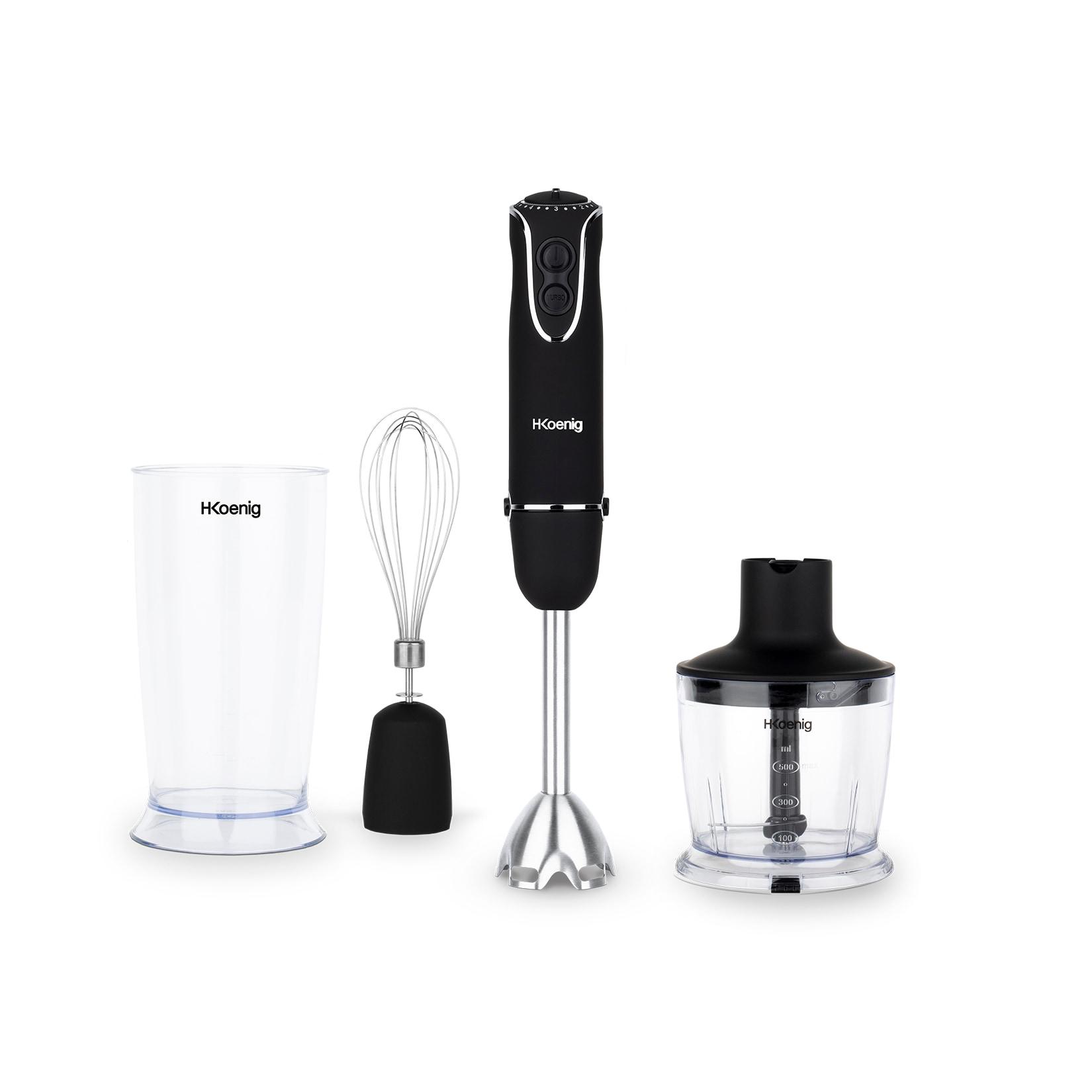 H.Koenig MIX75 Stabmixer-Set / Mixbecher, Schneebesen und Pürierstab / 5 Geschwindigkeitsstufen / 750 W / Spülmaschinenfest / Edelstahl / schwarz