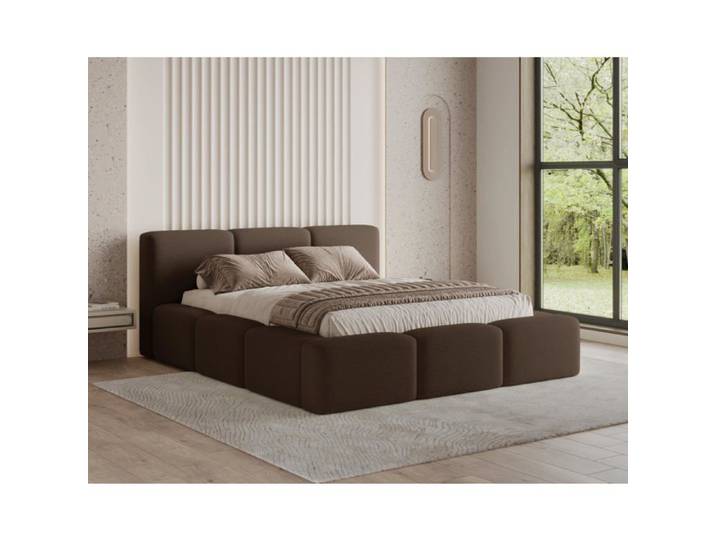 Chilly. Design Lit Como 140 x 200 - Lit Coffre Rembourré - 2 Personnes - Revêtement Élégant Tissu Bouclé Brun