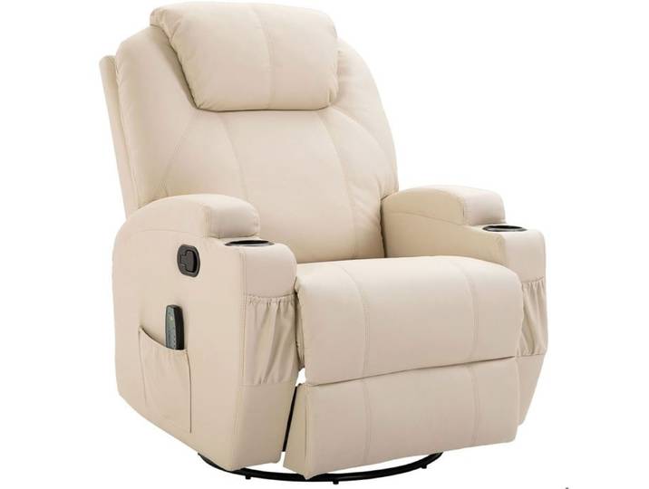 Fauteuil relax massant 1 place – simili cuir blanc crème – pivotant 360° – fonction bascule