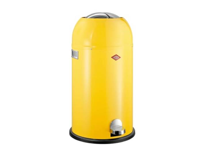 WESCO Kickmaster Abfallsammler in der Farbe gelb, pulverbeschichtetes Stahlblech, eingebauter Dämpfer, 33 Liter Volumen, großer Einwurf
