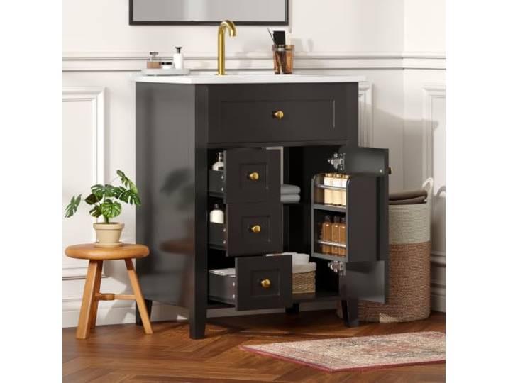 Crlnaup 61 cm freistehender Badezimmerschrank mit hochglänzender schwarzer Lackierung, Klappschublade, DREI Auszugschubladen und Einzeltür mit Einlegeböden – Wasserhahn Nicht im Lieferumfang