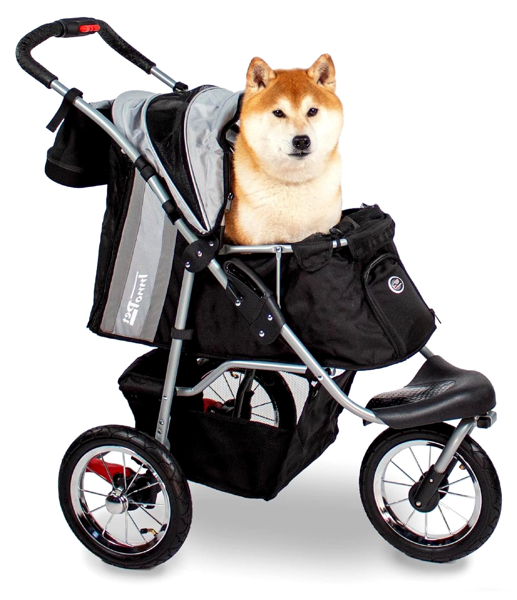 Hundebuggy Comfort Air Eco Schwarz/Silber - Hundewagen und Katzenwagen mit 30 cm Luftreifen, einhändig faltbar, geeignet für Waldwege - reflektierende Streifen, Vorderrad fixierbar