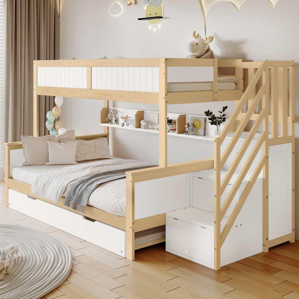 Hochbett für Kinder mit Rausfallschutz, drei Schlafpositionen, Schrank, Treppe, Rollbett, Kiefer+MDF, Weiß+Natur, 90x200 & 90x190 & 120x200 cm