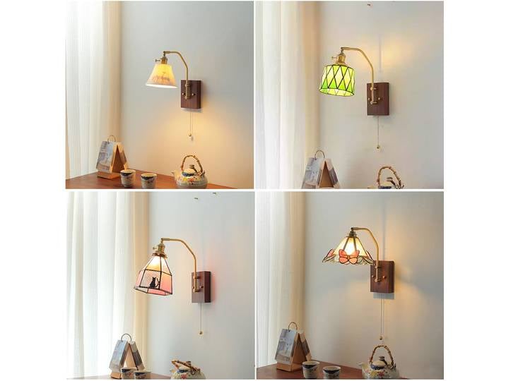 Applique murale rétro japonaise avec interrupteur à tirer, lampe de chevet moderne et Simple pour chambre à coucher, abat-jour Tiffany américain en bois et laiton, LED