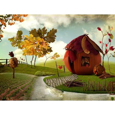 Fototapete PAPERMOON "Fantasie Kürbishaus", bunt, B:5m L:2,8m, Vlies, Tapeten