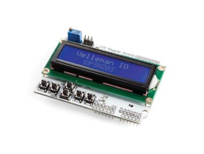 Whadda LCD-shield en toetsenbord voor Arduino, blauwe achtergrond, witte karakters, contrastinstelling, reset- en navigatieknoppen