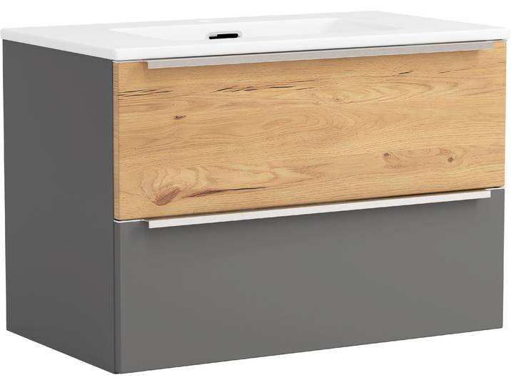 Waschtisch WELLTIME TRIENT, Softclose-Auszüge, Keramikbecken , grau (matt onyx, grau, wildeiche, matt onyx, grau), B:80cm H:54cm T:47cm, Waschtische, Waschtisch, matt onyx-grey/wildeiche, Keramikbecken