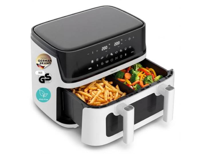 MEDION P25 XXL Flex M Air Fryer double zone blanc 10\,8 L\, compartiment flexible\, 2 zones indépendantes\, 10 programmes\, 3040 W\, fenêtre\, ILAG sans PFAS - MD100057