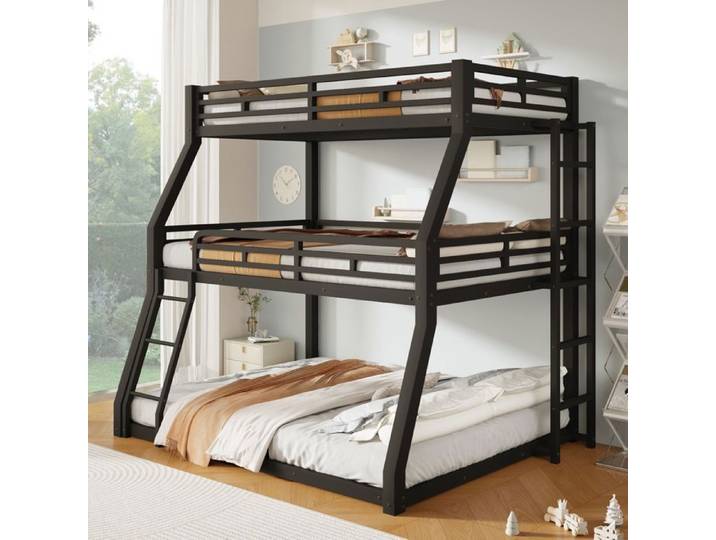 Lit superposé 90/120/140x200 cm 3 couchages cadre en métal pour enfants adolescents et adultes Noir