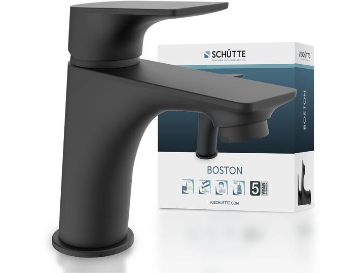 Waschtischarmatur SCHÜTTE BOSTON , schwarz (schwarz matt), B:5cm H:153cm T:162cm, Messing, Armaturen, Waschtischarmatur, wassersparende Eco-Click-Funktion, inkl. Pop-Up