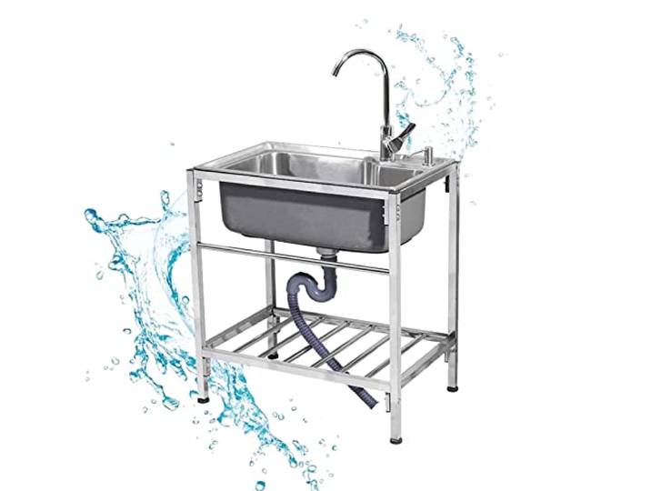 ZQFHSX Tragbares Edelstahl-Spülbecken für den gewerblichen Einsatz, Gartenspülbecken mit einem Becken, dickere Ausführung mit Armaturen, leicht zu reinigen und zu installieren, für den In