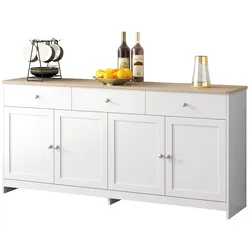 Sideboard Buffetschrank Landhausstil 160x37x75 cm, Weiß + Holzfarbe, mit Schubladen, Türen, verstellbaren Regalen, Küchen- und Wohnzimmerschrank