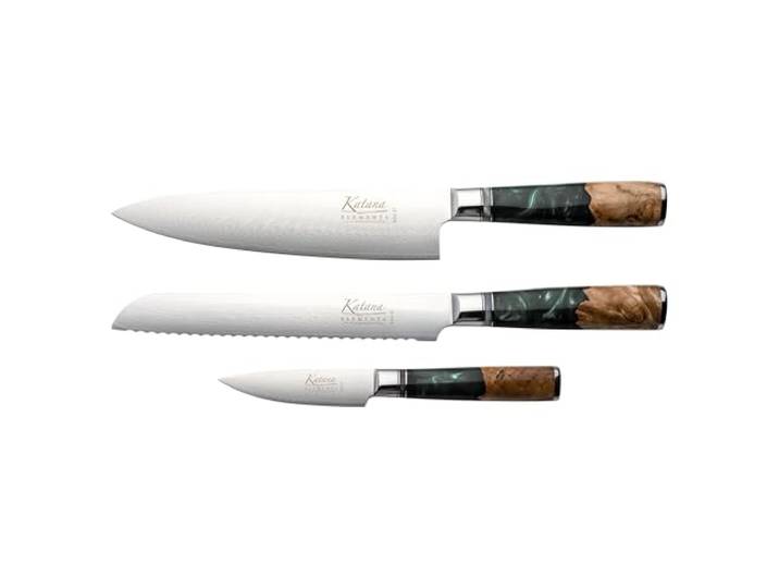 Katana Saya Elements 3-teiliges Messerset, Regenwaldgrün – VG-10-Damaststahl mit hohem Kohlenstoffgehalt für extreme Robustheit und Schärfe – Griff aus natürlichem Olivenholz und Harz