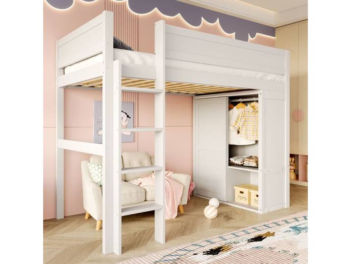 Lit mezzanine 90*200cm lit mezzanine Lit enfant polyvalent Équipé d'armoire Compartiment de rangement Blanc