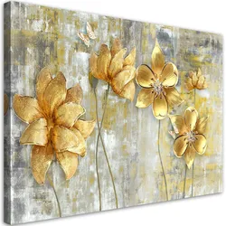 WANDBILD goldene blumen und schmetterlinge