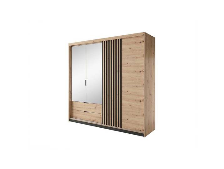 Armoire 3 portes et 2 tiroirs - Miroir et LEDs - L220 cm - Coloris : Naturel et noir - ARIADA