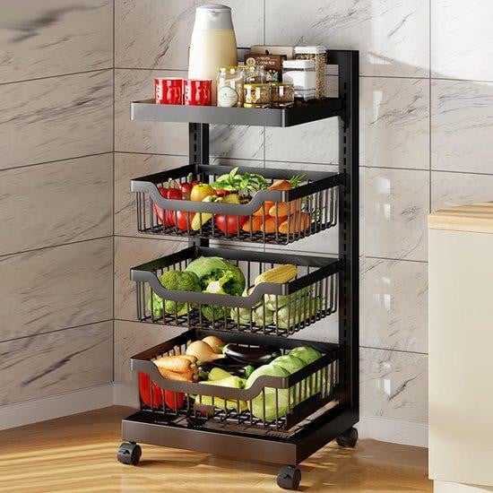 Benza Keukenwagen met wielen, 4 niveaus, zwart – Mobiele kar voor keuken, badkamer, woonkamer of kantoor