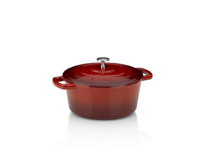 Kela Bräter Gusseisen rund 3,8 Liter, Dutch Oven CALIDO, Induktion Gussbräter mit Deckel, Gusseisen Topf Brot backen, emailliert, rot