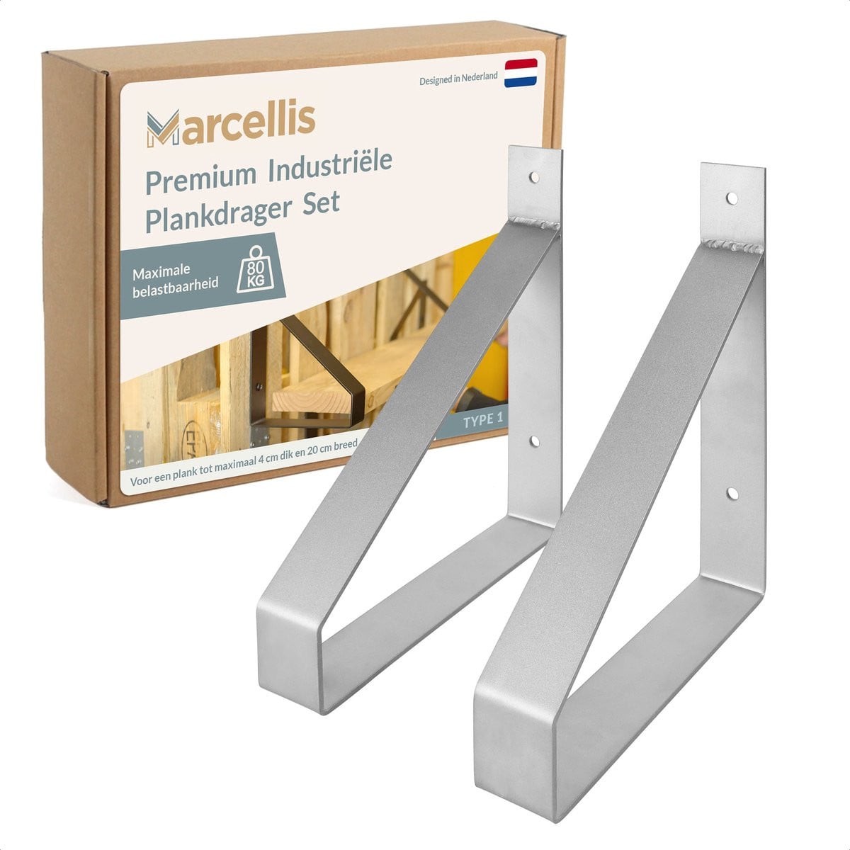 Marcellis 2x Industriële plankdrager voor plank van 20 cm met schroefset - Roestvrij staal - T1