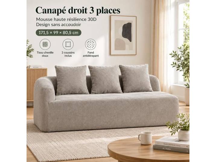 Canapé - SOGEU - W3633P463975 - Chenille - Gris - Accueil moelleux