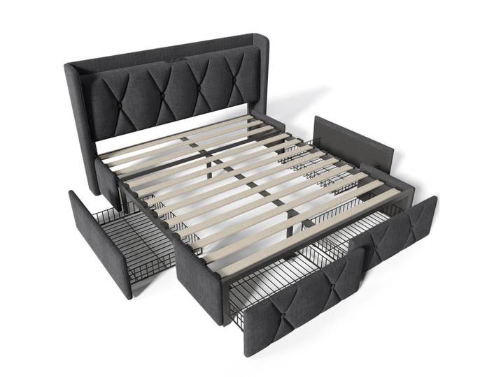 Oxeza Polsterbett 140/200 cm Grau mit aufladen USB Ladefunktion Kopfteil und 4 Schubladen, Mode, Rechteckig, 140x200 cm, Schlafzimmer, Betten, Polsterbetten