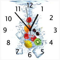 Wallario Uhr 30 x 30 cm, schwarze Zeiger Obst-Eiswürfel-Mix im Wasser mit weißem Hintergrund