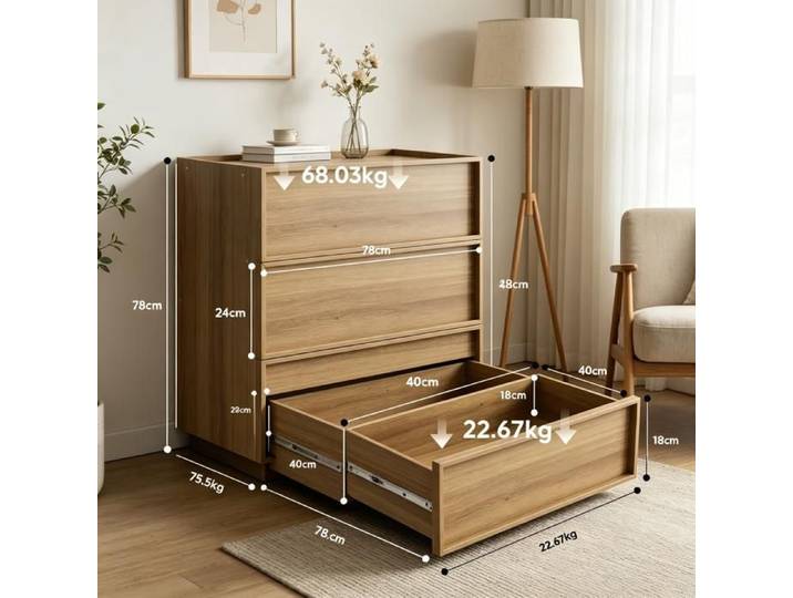 Commode à trois tiroirs armoire/placard moderne meuble de rangement en bois coiffeuse pour salon chambre couloir couleur chên