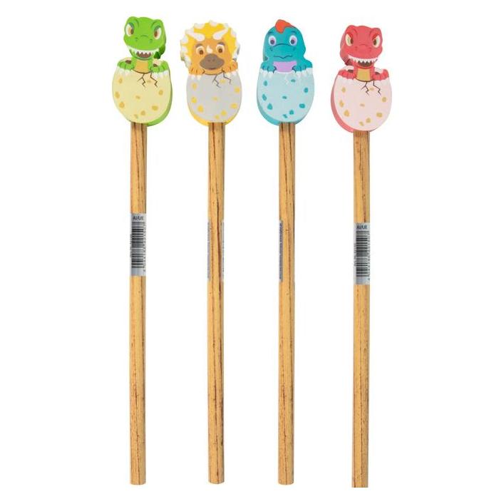 Stylex Bleistift mit Radiergummi-Topper Baby-Dino 4fach sortiert (HB, 1x) (42150)