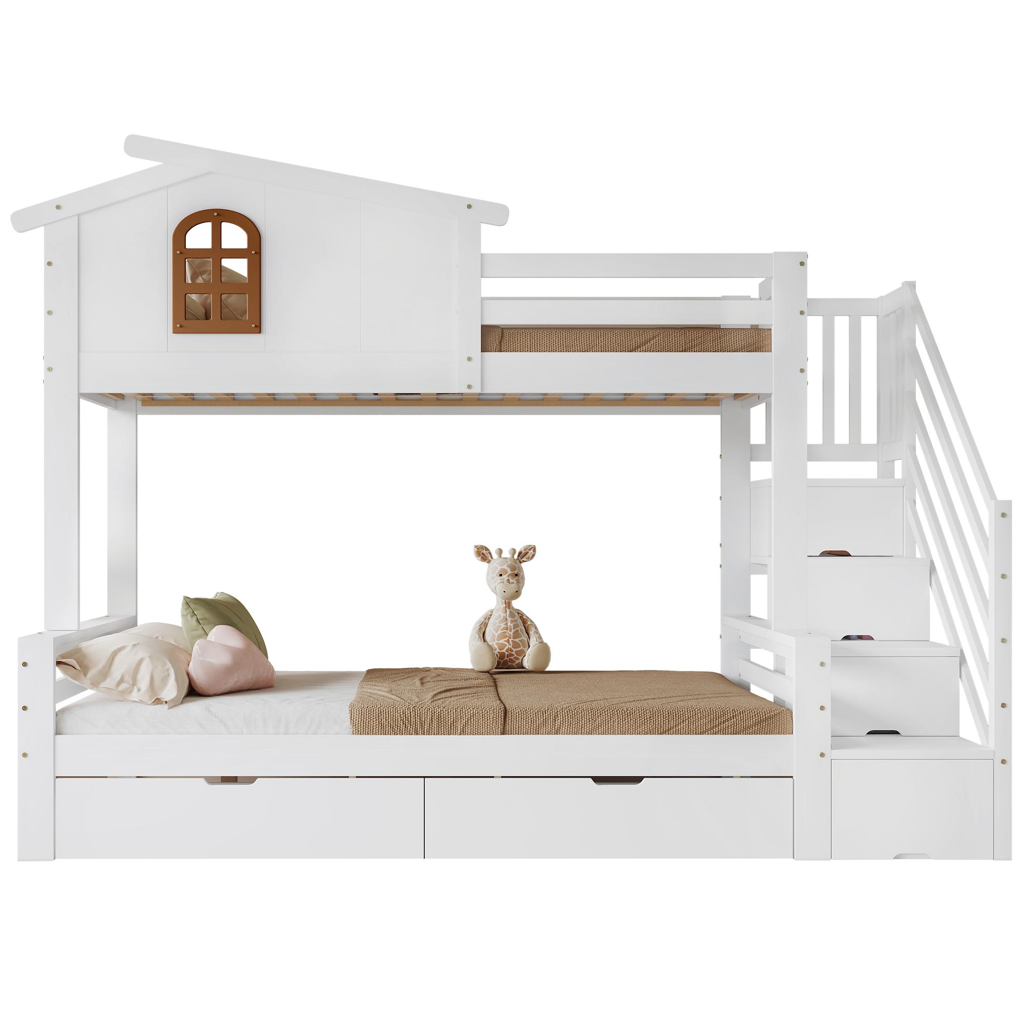 Etagenbett mit 2 Liegeflächen und Lattenrost, 90x200cm/120x200cm, Kinderbett mit Treppe und Rausfallschutz