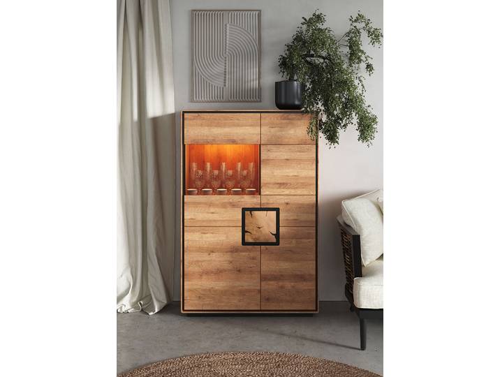 Massives Highboard Woodrow 100 cm 100 x 152 x 40cm Glastür links Holz/Braun