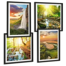 BILDER SET 4er Set - 50x50 cm & 40x60 cm Schwarzer Rahmen - Orange Mountain Wasserfall