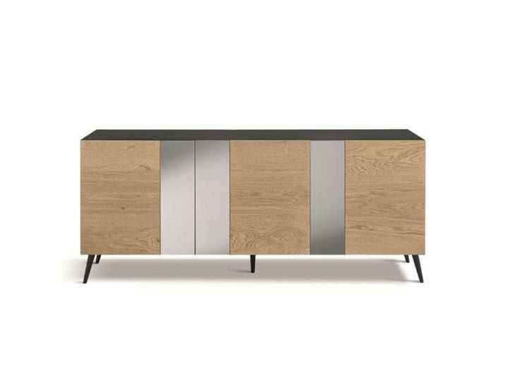 Buffet 3 portes 180 cm en Chêne Brut avec inserts miroir ROMEO avec 5 pieds
