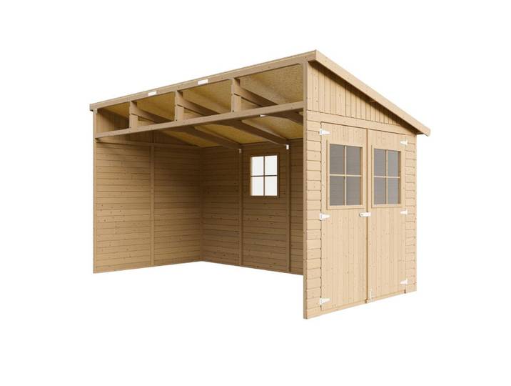 Holz Gartenschuppen (ohne Seitenwand) - Abstellkammer mit Fenstern - H244x211x416 cm/8 m2 Naturholz-Shiplap-Schuppen - Gartenwerkstatt - TIMBELA M340