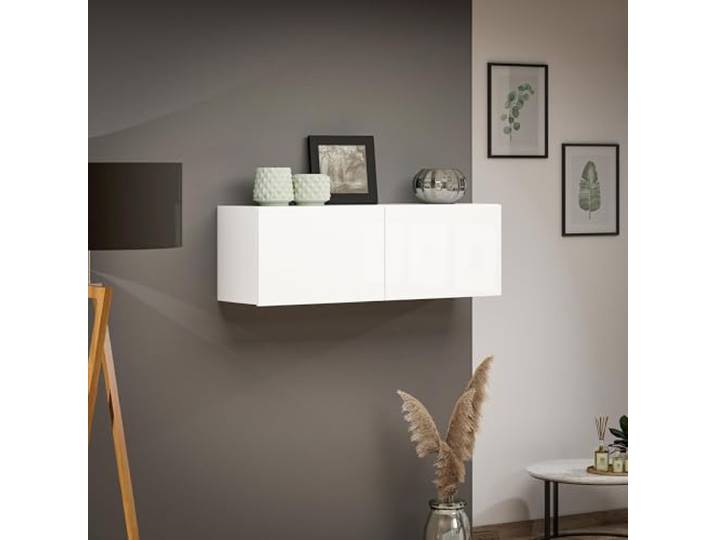 Dmora - Hängeschrank Worcester, Oberschrank, Wandschrank, Multifunktionaler Zusatzschrank, Made in Italy, 113x39h37 cm, Glänzendes Weiß