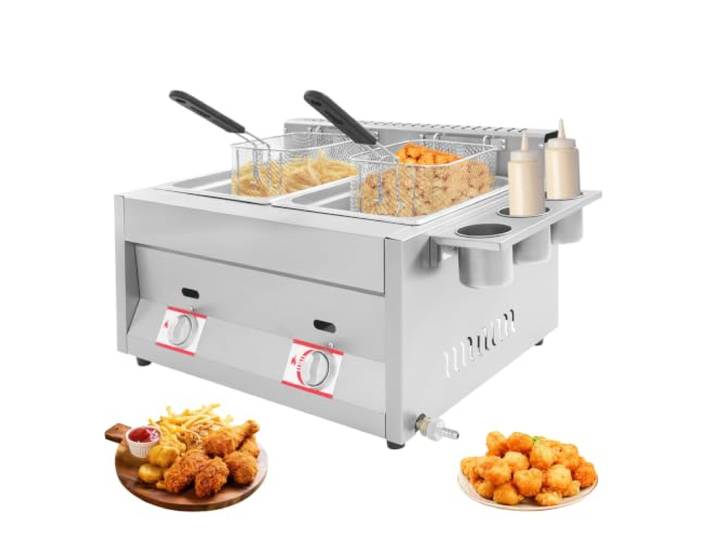 Mermajestic Doppel-Gasfritteuse mit 2 Körben, 2 x 6 Liter gewerblicher Gas Frittierer, Temperaturbereich 50-380°C, Gas Fritteuse mit 3 Gewürzbecher für Haushalte, Restaurants, Imbissbuden