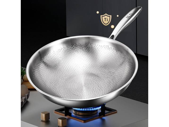 Wok à fond rond en titane non revêtu, antiadhésif, utilisable sur cuisinière à induction concave (ne peut pas être utilisé sur une cuisinière à induction plate)