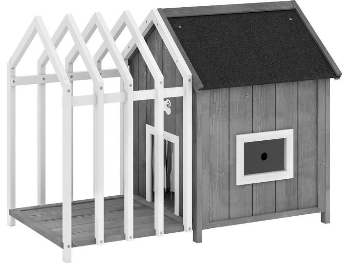 PawHut Niche pour chien extérieur en bois\, avec terrasse et barrière\, maison chien extérieur\, porte à lamelles et toit pointu en bitume\, pour jardin\, cours\, veranda\, patio\,106 x 62\,5 x 80\,5 cm\, gris