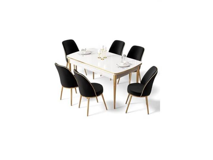 Hanah Home Modern Extendable Dining Table & Chairs Set (7 Pieces) - 100% MDF, Metal Legs, White/Gold/Black, Perfect for Stylish Dining Spaces