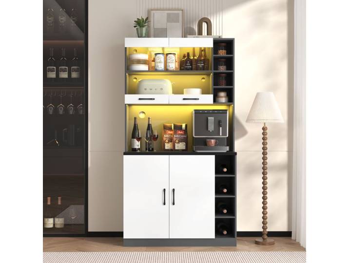 Buffet de cuisine 100x47x187cm - armoire de cuisine avec LED et 4 portes - Buffet haut bicolore - étagères réglables - blanc et gris