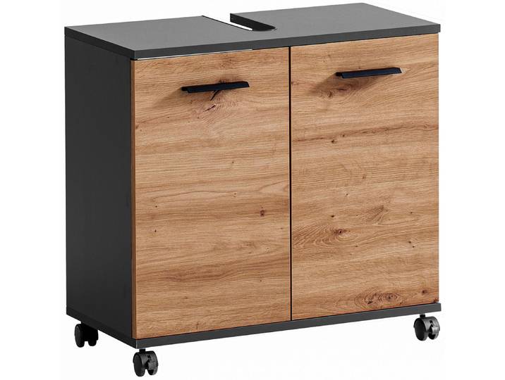 Waschbeckenunterschrank WELLTIME Palermo, Breite 59 cm , schwarz (anthrazit, artisaneichefarben), B:59,8cm H:63,4cm T:32,6cm, FSC-zertifizierter Holzwerkstoff, Schränke, Waschbeckenunterschrank, Metallbeschläge, Siphonausschnitt